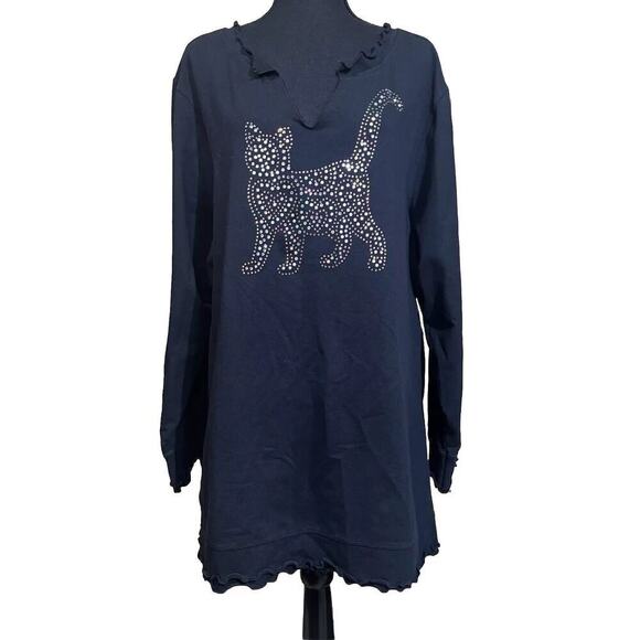 QUACKER FACTORY Cat Lady Bedazzled Rhinestone Classic Sweatshirt Black Size 3X - Picture 1 of 12
